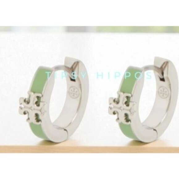 Tory Burch Kira Silver and Green Enamel Huggie Earrings - Picture 1 of 4